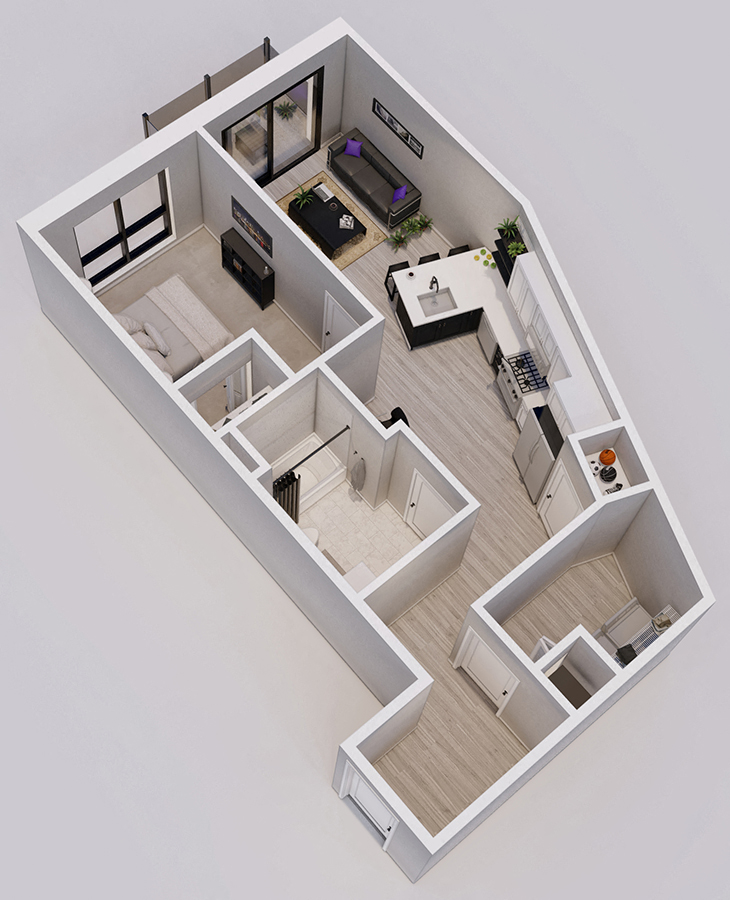 Floor plan for 1 bed, 1 bath, 707 sqft